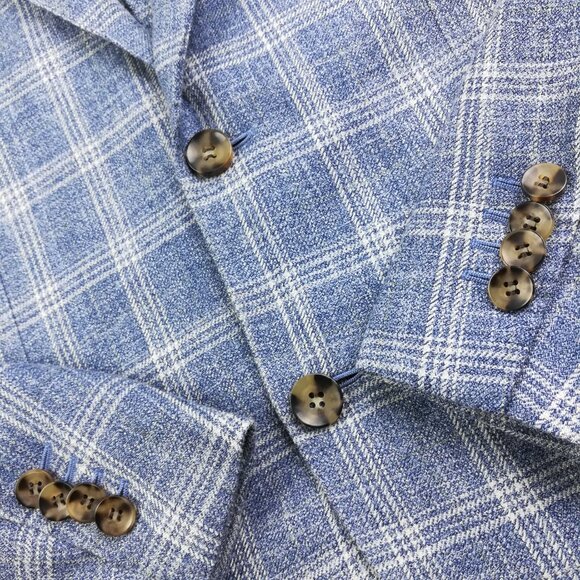 SuitSupply Sport Coat Blazer 40S E Thomas Silk Wool Linen Windowpane Plaid Blue - Picture 3 of 14